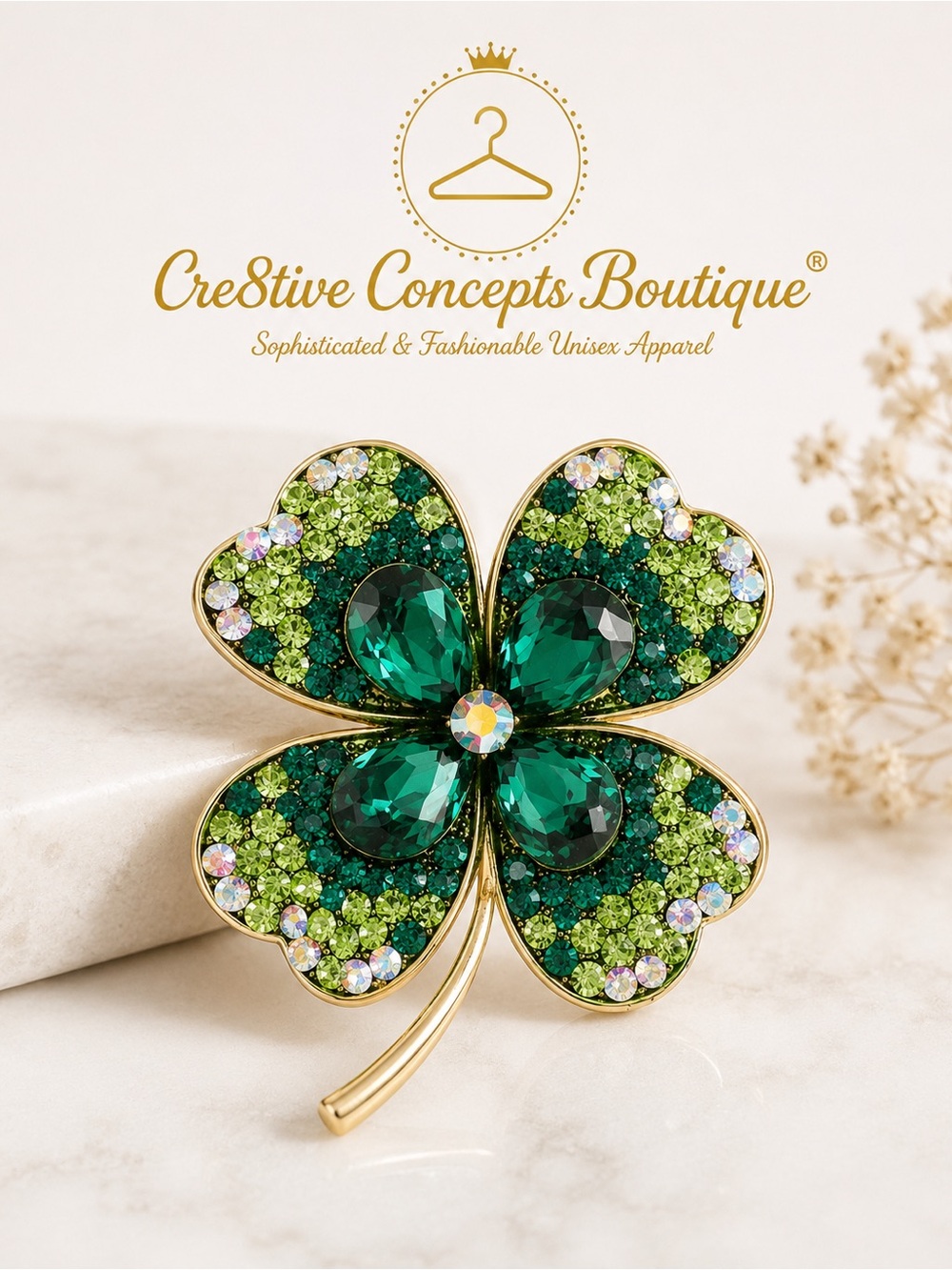 Four Leaf Clover Crystal Pin | Green Rhinestone Lucky Clover Statement Brooch